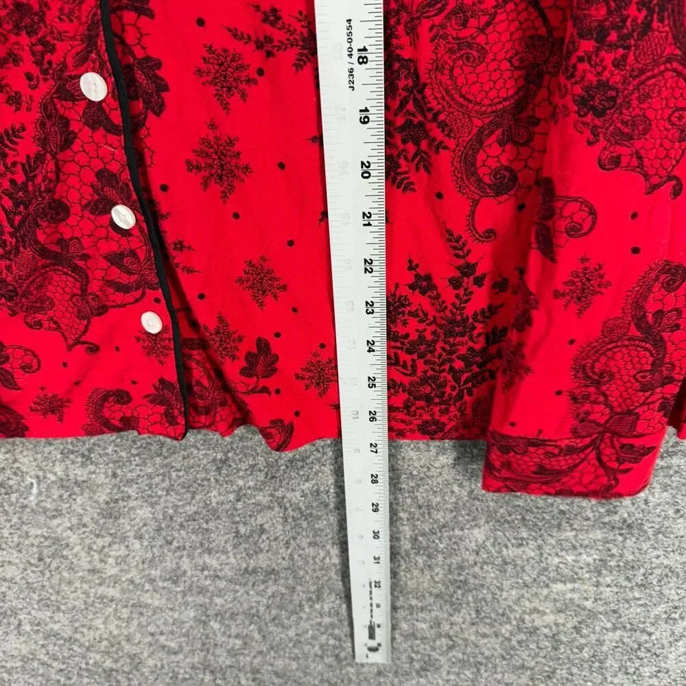 Soma Sleepshirt Women L Large Red Floral Button Up Collared Long Sleeve Rayon